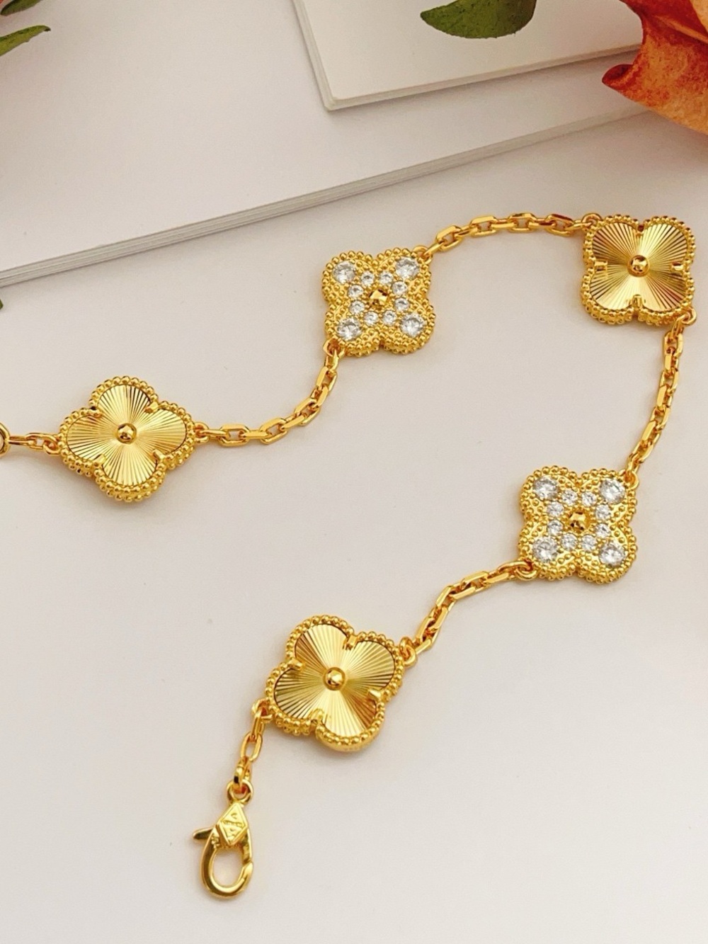 Van Cleef & Arpels Gold Four-Leaf Clover Station Necklace with Crystal Accents